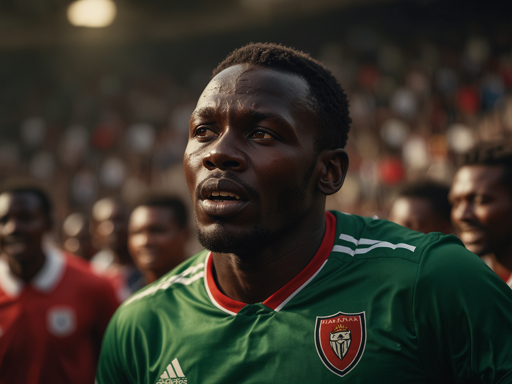Kenyan football player celebrating on a stadium